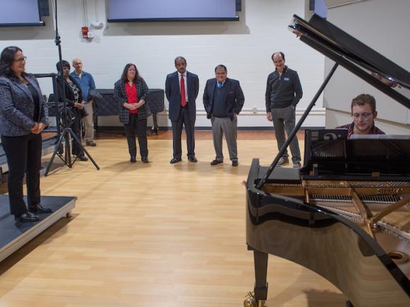 Members of the Board of Trustees take a tour of the Catherine Dower Center for the Performing and Fine Arts after a board meeting in December 2022.