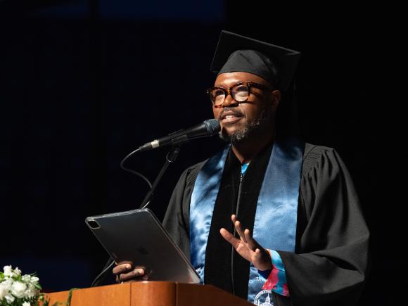 Photo of Award-winning actor and alumnus James Jackson Jr. at Westfield State Commencement