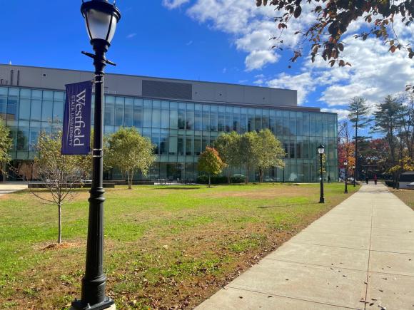 Nettie Stevens Science Center on a sunny day with blue skies and a light pole with WSU flag.