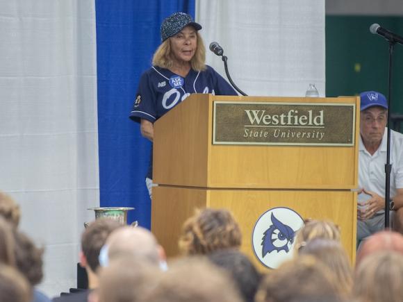 President Linda Thompson speaking during Opening Day and welcoming the new first-year class to campus.