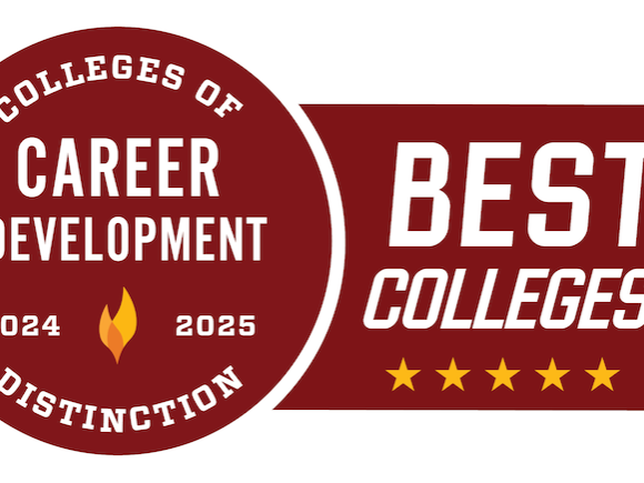 A visual red graphic that says "Colleges of Distinction: Career Development", as Westfield State University has won an award for its outstanding career development initiatives. 