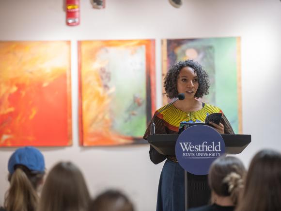Poet Lisbeth White reads works from her latest collection in the Arno Maris Gallery in the Ely Campus Center.