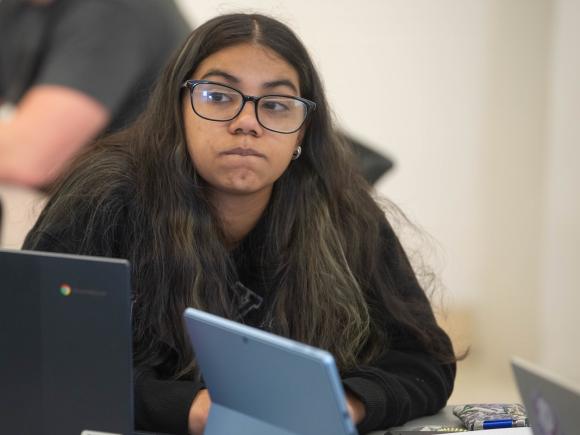 Student listening to a math instructor during a lecture.