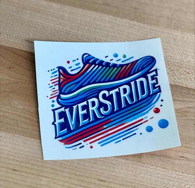 sticker with a red, blue and green logo, the words"everstride" under a shoe