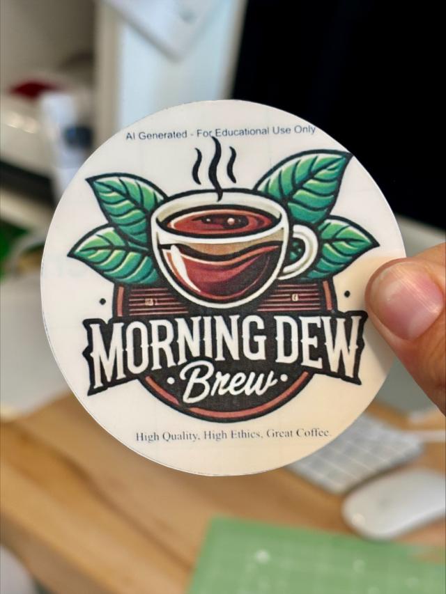 hand holding a sticker titled "morning dew brew"; a steaming coffee cup with green leaves on either side