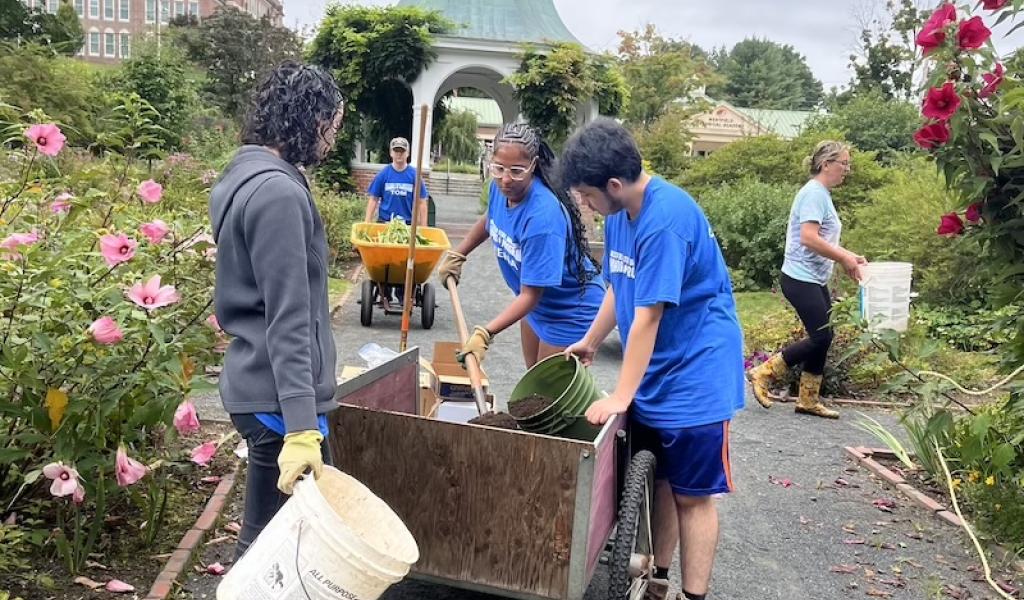 A photo of several Honors students working in Grandmother's Garden as part of their two-day orientation weekend.